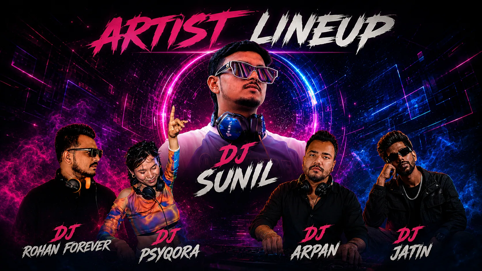 TechRo artist lineup: DJ Sunil, DJ Rohan Forever, DJ Psyqora, DJ Arpan and DJ Jatin