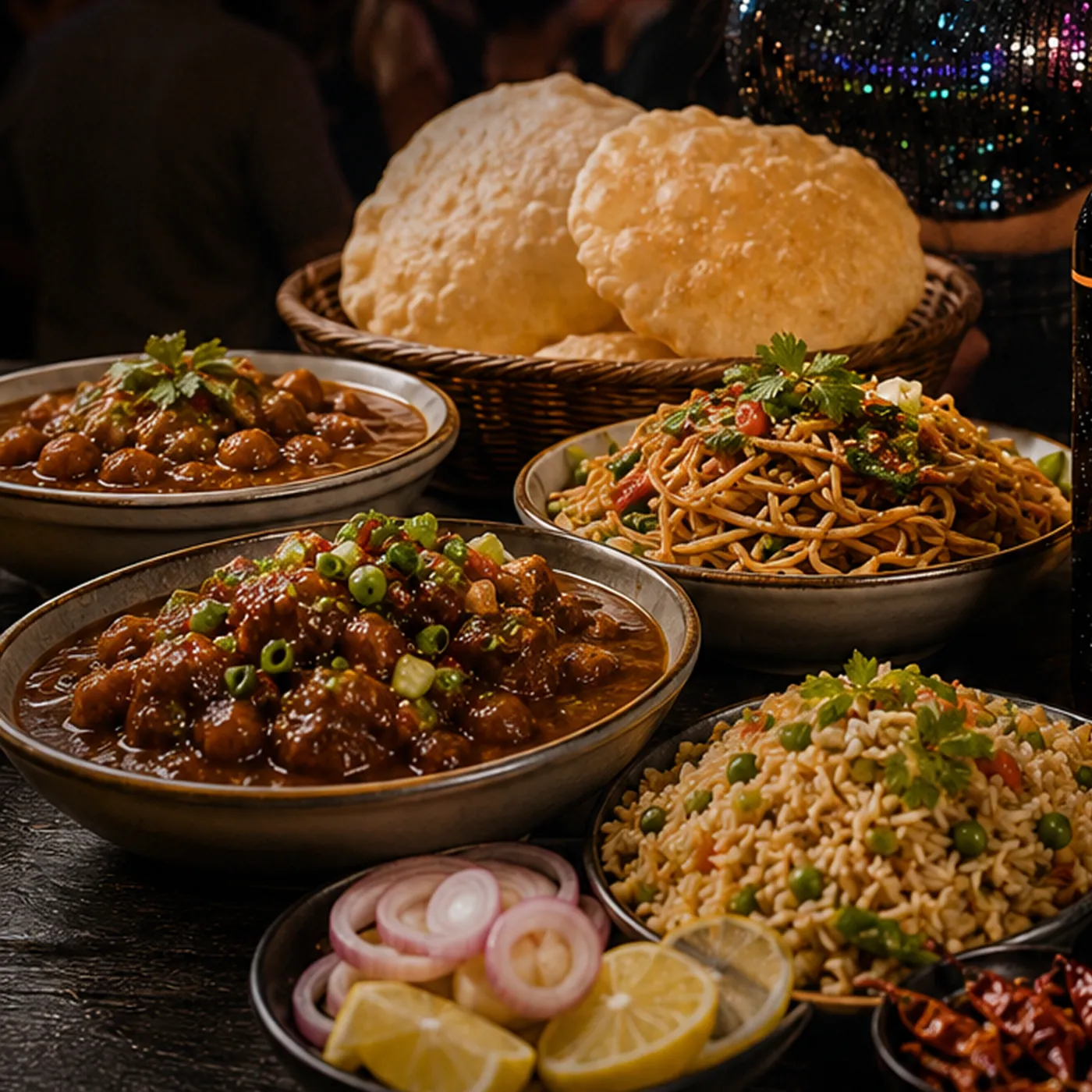 The TechRo unlimited party buffet with cholle, bhature, noodles, Manchurian and fried rice